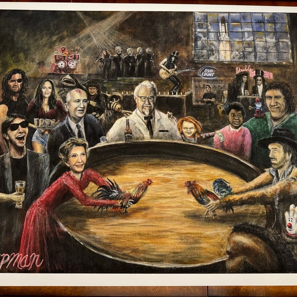 famous and infamous celebrities at a 1980s cocktail party. Artist signed print