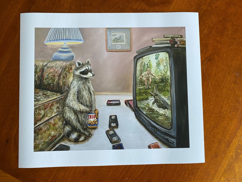 Binge watching 1998 raccoon watching crocodile hunter eating peanut butter with VCR tapes. Artist signed print. Multiple variations. image 2