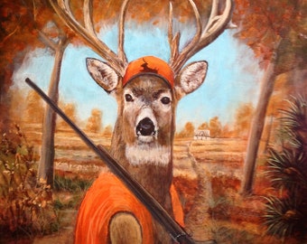 De wreker, Bambi's wraakhertenjager. Door kunstenaar ondertekende afdruk. Meerdere variaties.