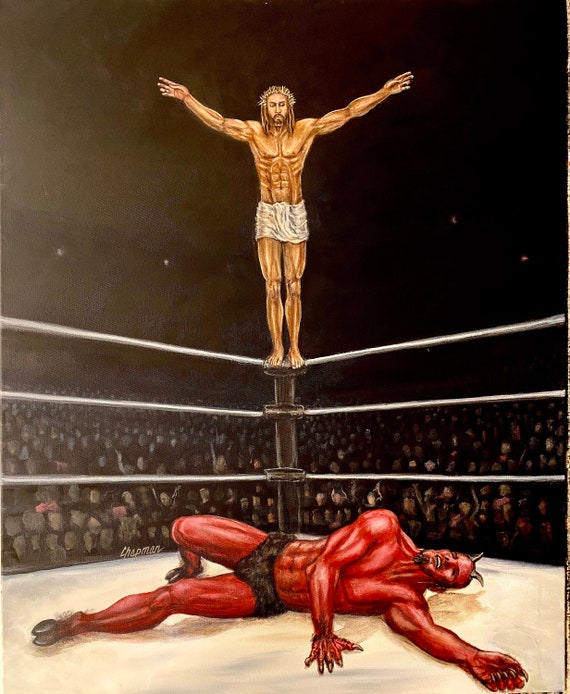 Jesus Beats the Devil in a Pro Wrestling Match Jesus on the Top Rope in the T  Pose Ready to Slam Satan Artist Signed Print. Handmade 