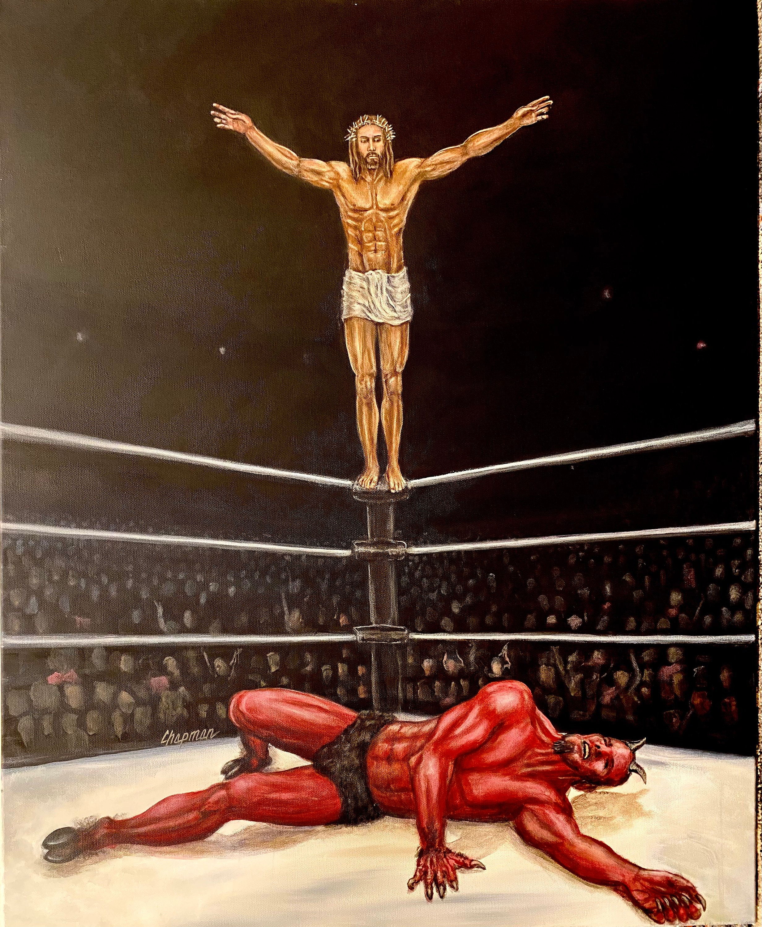 Jesus Beats the Devil in a Pro Wrestling Match Jesus on the Top Rope in the T  Pose Ready to Slam Satan Artist Signed Print. Handmade 