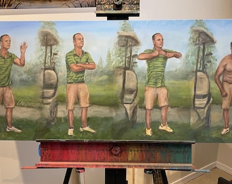 Golfing guy, freak out, guy freaks out and takes his shirt off on the golf course original acrylic painting on canvas