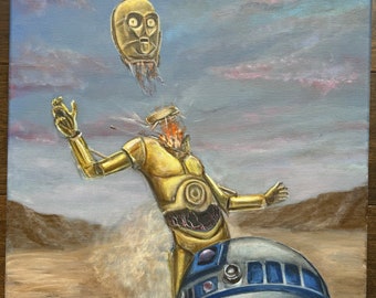 C-3PO schoss beim Durchqueren der Wüste vom Rücken von R2-D2 ab. C-3PO wird von einem Tusken-Scharfschützen angeschossen. Original Acrylgemälde 16"x20"