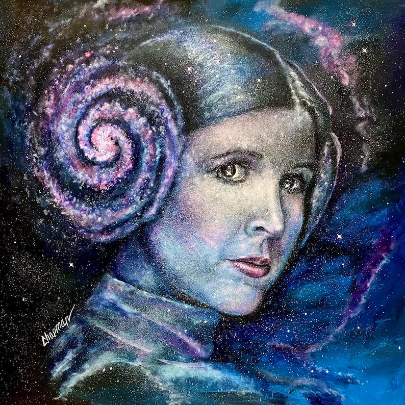 Prinses Leia Spiraalvormig melkweghaar. Ruimteportret Carrie Fisher als prinses Leia. Door kunstenaar ondertekende afdruk. Onderdeel van de Star Wars Nebula-serie. afbeelding 1