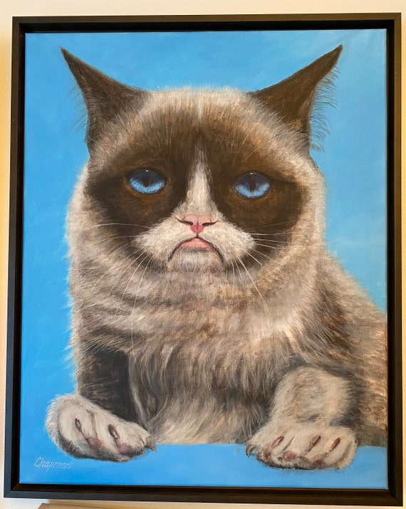 Angry Cat With Blue Background. Framed 16 X 20 Original 