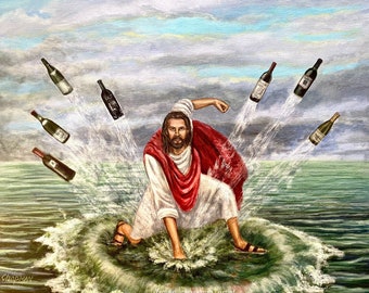 Jesus turning water into wine. Marvel Super hero pose on the Sea of Galilee. Artist signed print.