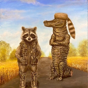 Raccoon gift exchange with Alligator Friend.  Kip and Cyrus standing wearing alligator boots, and A raccoon hat.  Artist signed print. Funny