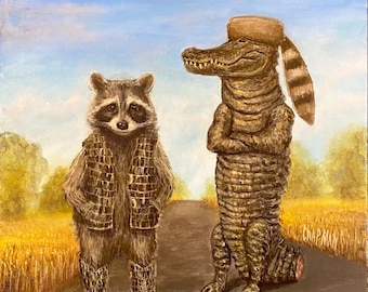 Raccoon gift exchange with Alligator Friend.  Kip and Cyrus standing wearing alligator boots, and A raccoon hat.  Artist signed print. Funny