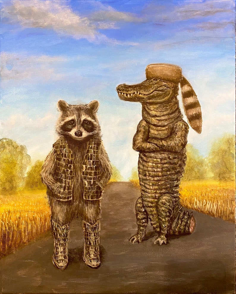 Alligator and raccoon pose with alligator boots and raccoon hat. Artist signed print.