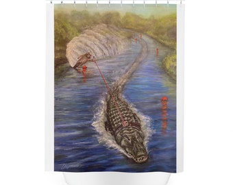Raccoon Water Skiing Behind a Alligator Polyester Shower Curtain