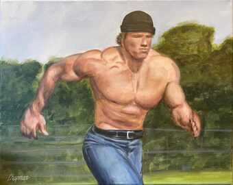 Arnold Schwarzenegger running wearing jeans and no shirt meme. Artist signed print