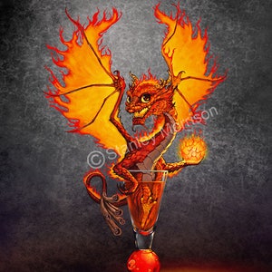 May include: A small, red, fire-breathing dragon with orange wings is perched inside a clear glass with a red orb at the bottom. The dragon is holding a small ball of fire in its right hand.