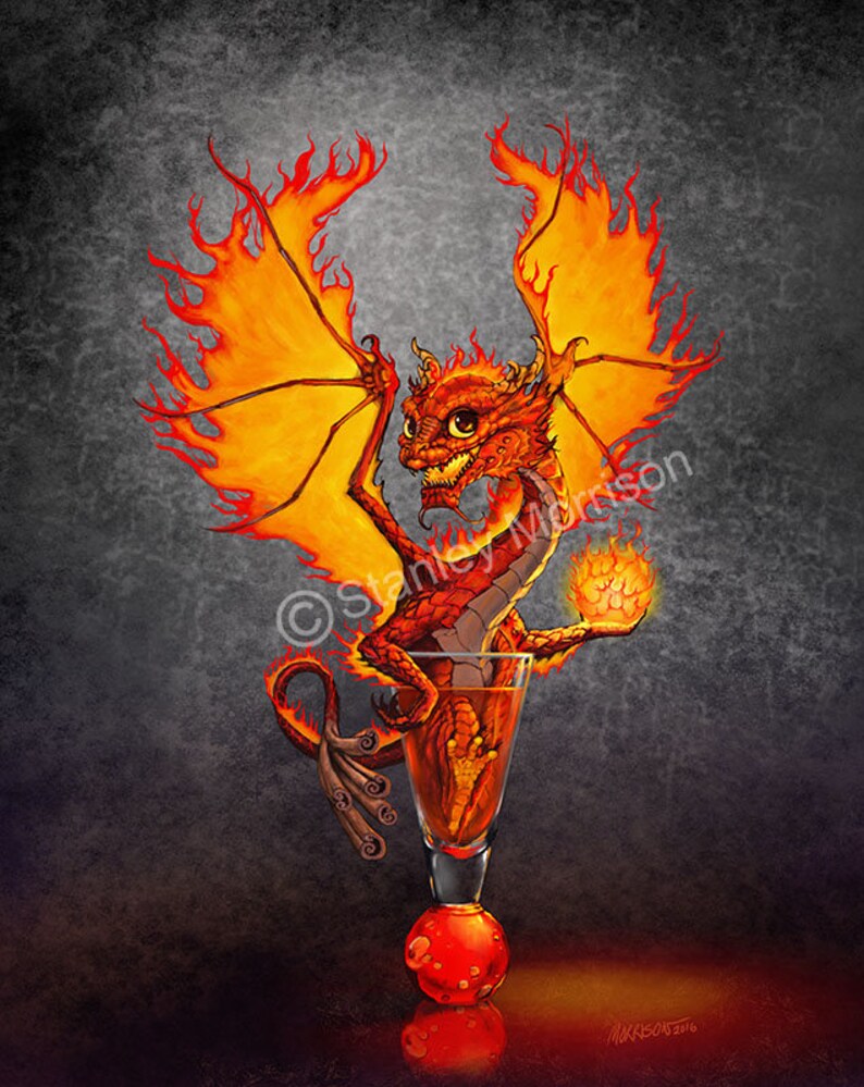May include: A small, red, fire-breathing dragon with orange wings is perched inside a clear glass with a red orb at the bottom. The dragon is holding a small ball of fire in its right hand.