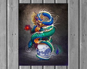 Sake Dragon Art Print, Whimsical Kitchen Bar Decor