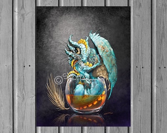 WHISKEY DRAGON print 4x6, 8.5x11, or 11x14, dragon art, dragon poster, kitchen décor, bar decor, drink art