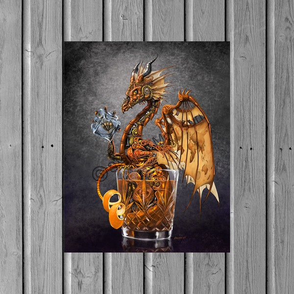 OLD FASHIONED DRAGON print 4x6, 8.5x11, or 11x14, steampunk dragon art, dragon poster, bar décor, steampunk print, old world map, drink art