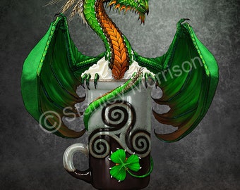IRISH COFFEE DRAGON print 4x6, 8.5x11, or 11x14, green dragon art, dragon poster, bar décor,  print, shamrock, drink art, mug,