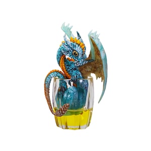 Whiskey Dragon Figurine, Aqua Blue Resin, Bar Decor