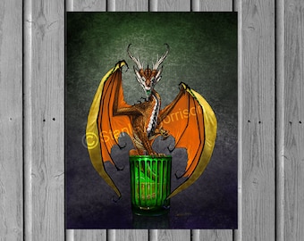 JAGER DRAGON print 4x6, 8.5x11, or 11x14, brown dragon art, dragon poster, bar décor,  print, deer dragon, drink art, green glass, hunter,