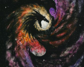 DRAGON GALAXY PRINT 4x6,8.5x11,11x14, spiral galaxy dragon, space dragon, scratchboard art