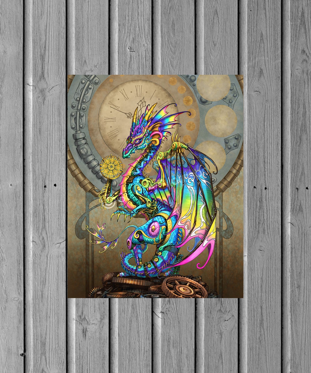 Rainbow Steampunk Dragon Print, Art Nouveau Style - Etsy