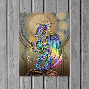 Rainbow Steampunk Dragon Print, Art Nouveau Style