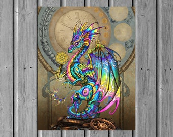 Rainbow Steampunk Dragon Print, Art Nouveau Style