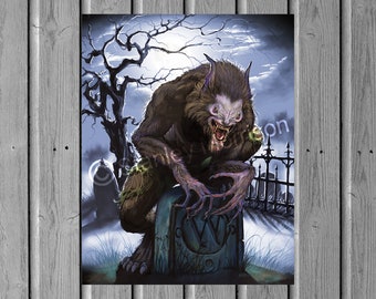 GRAVEYARD WEREWOLF print 4x6, 8.5x11, or 11x14 werewolf, creature, tombstones, moonlight, horror, dark fantasy