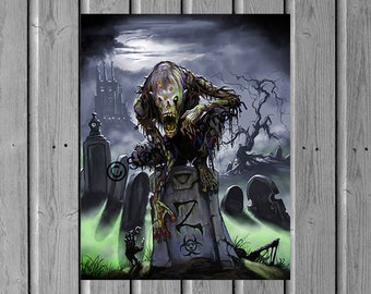 GRAVEYARD ZOMBIE print 4x6, 8.5x11, 11x14, horror print, classic monster art, tombstone,