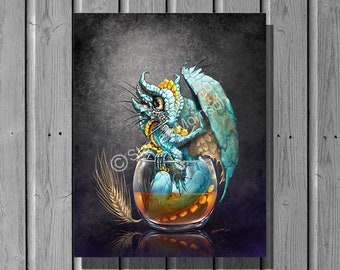 DRINKS and DRAGONS 8x10 canvas wrap print,dragon,bar art, home bar decor art, drink dragons, beer dragon, drink lover gift, game room art