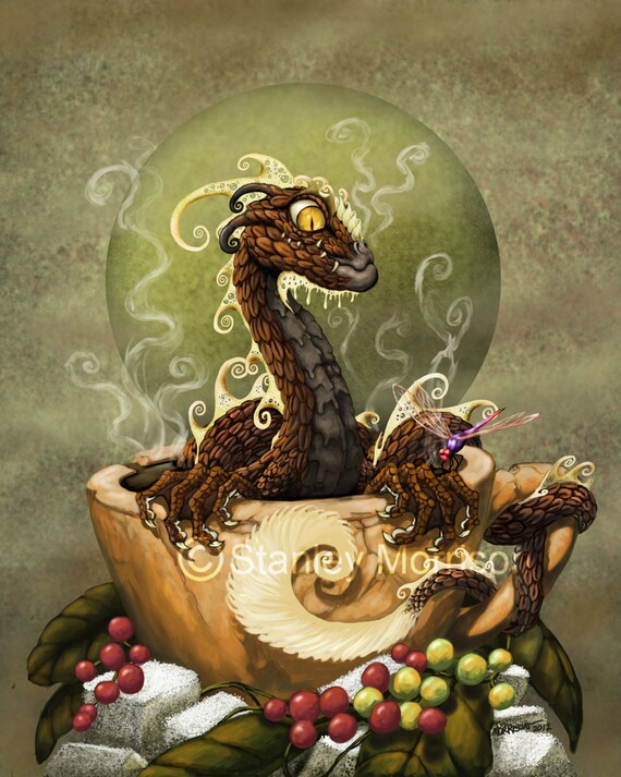 COFFEE DRAGON Print 4x6 8.5x11 or 11x14 Dragon Art Dragon