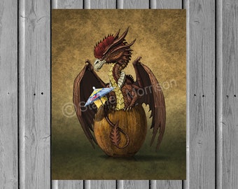 COCO LOCO DRAGON print 4x6, 8.5x11, or 11x14, brown dragon art, dragon poster, bar décor,  print, tiki dragon, drink art, coconut, condor