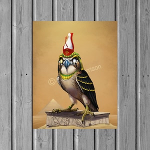 May include: A stylized illustration of an Egyptian god depicted as a falcon with a red and white headdress, a yellow and green collar, and blue eyes. The falcon is standing on a stone platform with a pyramid in the background.
