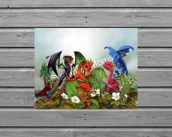 MIXED BERRIES DRAGONS print 4x6, 8.5x11, or 11x14, dragon art, dragon poster, kitchen décor, kids room décor, food dragon, dragon poster