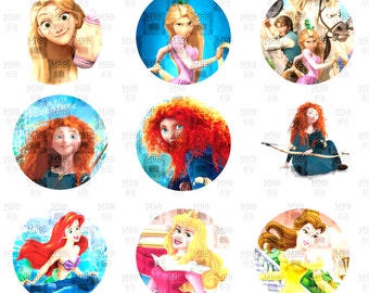 Princess Cinderella Merida Rapunzel Ariel Aurora Belle Snow White Digital Bottle Cap Images