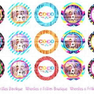 Peut inclure: Douze décorations rondes pour cupcakes représentant des personnages du film d'animation Coco. Les décorations présentent un motif coloré de pois, de rayures et de paillettes. Le texte "COCO" apparaît sur trois des décorations.