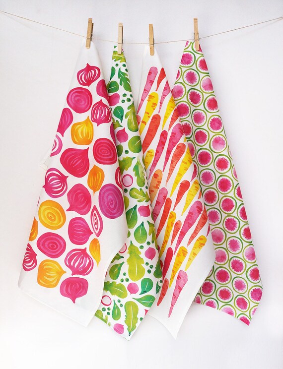 Set of 4 ecofriendly tea towels watercolor veggie designs Etsy