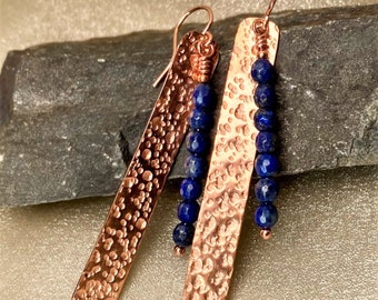 Long Blue Lapis Lazuli Statement Earrings Hammered Texture Mother's Day Gift Daughter Sister Mom Grandmother Granddaughter BFF Graduation 4U