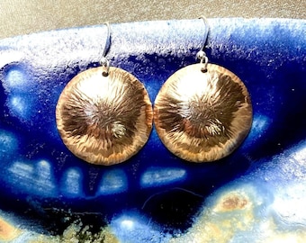 Dandelion Earrings, Hammered NuGold Brass, Silver Plated Ear Wires, Nature Inspired Jewelry