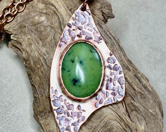 Abstract Necklace, Hammered Copper, Green Jasper