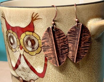 Hammered Copper Leaf Earrings, Fold-Formed Patina, Nature Jewelry