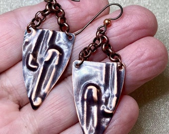Shield Earrings, Safety Pin Textured Copper, Niobium Ear Wires