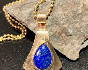 Blue Lapis Necklace, Tribal Fan, Brass, 18" Ball Chain