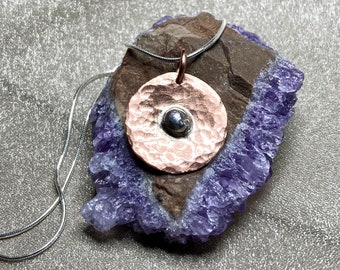 Recycled Penny Necklace, Hammered Copper, Silver Accent, Sterling Silver Chain