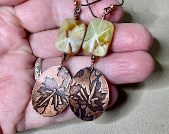 Recycled Copper Penny Earrings, Serpentine Stone, Flattened Coin