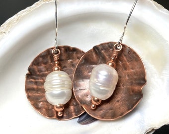 Baroque Pearls Boho Burlap Texture Copper Cup Earrings Unique Artisan Gift For Wife Mother Grandmother Sister Daughter Friend Granddaughter