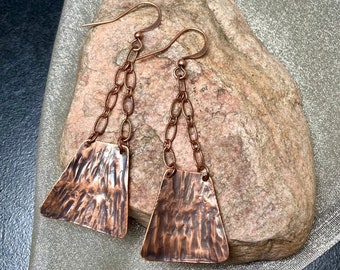 Long Swing Earrings Hammered Copper Trapezoid Shapes Mother's Day Gift Wife Daughter Teen Niece Granddaughter Nana Cousin Coworker BFF Niece