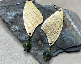 Snakeskin Earrings, Embossed Texture, Brass, Serpentine Stone
