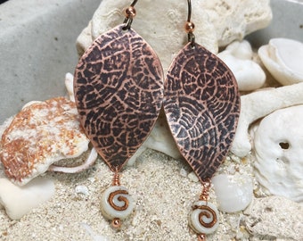 Textured Copper Statement Earrings, Nautilus Spiral, Niobium Ear Wires