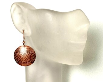Nordic Celtic Knot Copper Earrings, Petite Embossed Discs